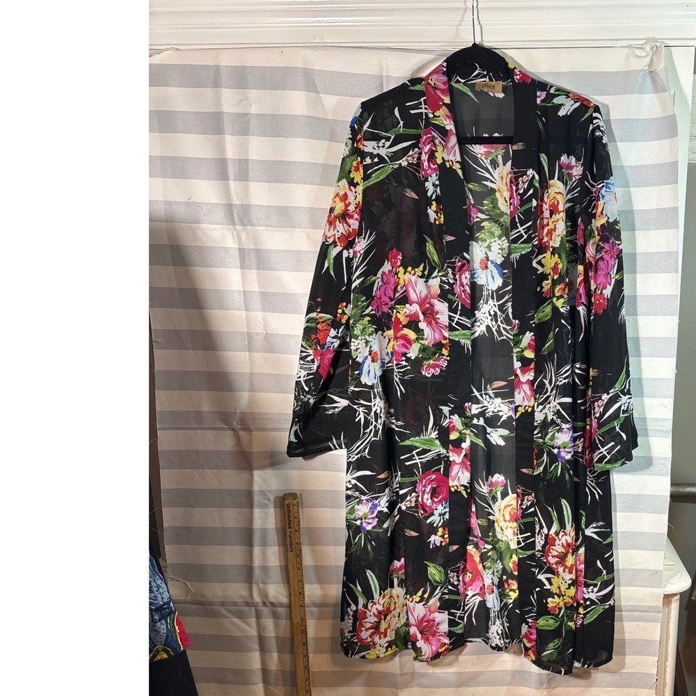 Jorja Women Black Floral Chiffon Kimono Duster Cardigan Sheer Long Sleeve Large